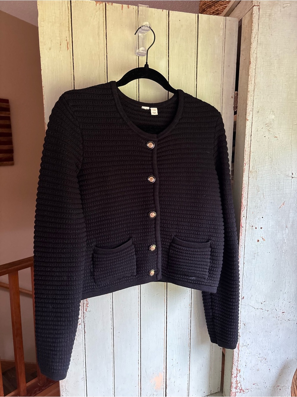 Black Textured Knit Button-Front Cardigan with Golf Buttons